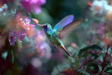 Obraz premium iridescent hummingbird mid-flight in a tropical garden