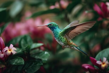 Obraz premium iridescent hummingbird mid-flight in a tropical garden
