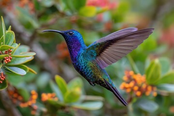 Obraz premium iridescent hummingbird mid-flight in a tropical garden