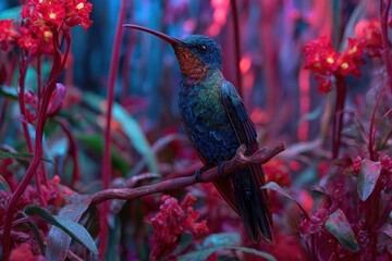 Obraz premium neon-colored hummingbird in futuristic jungle