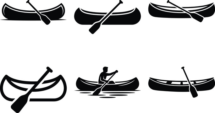 A canoe carrying a single paddle bundle silhouette icon vector art illustration