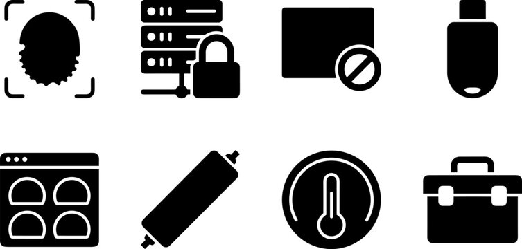 Cyber security and data network storage black silhouette icons set isolated on white background for technology design