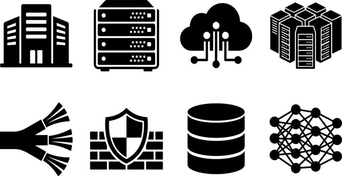 Data Center and Cloud Computing Infrastructure Black Silhouette Icons Set Isolated on White Background