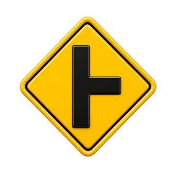 Glossy Yellow T-Intersection Road Warning Sign Isolated on White Background &ndash; 3D Traffic Symbol Illustration