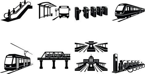Obraz premium Public transport and transit infrastructure vector icon set featuring train subways bus stops escalators ticket barriers and bike sharing