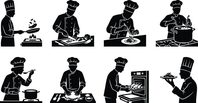 Professional chef and restaurant cook silhouette icon set showing culinary activities like frying cutting plating baking and tasting food