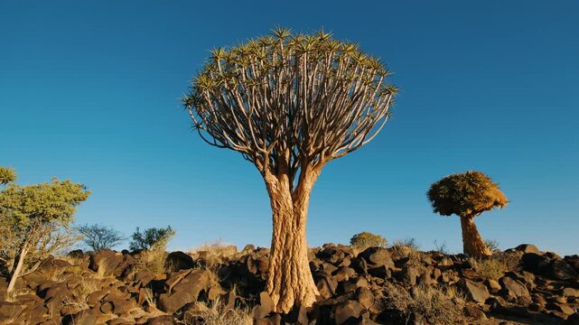 Quiver tree forest in a desert landscape in namibia under a clear blue sky, majestic aloidendron dichotomum standing tall