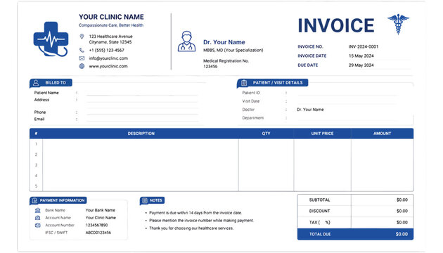 Medical Invoice, Form, Template for Healthcare Professionals and Doctors