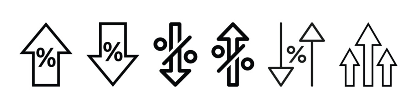 Percentage rate arrow icon set vector, outline style with up down and cross arrows for interest rate, inflation, financial return and economic trend symbol.