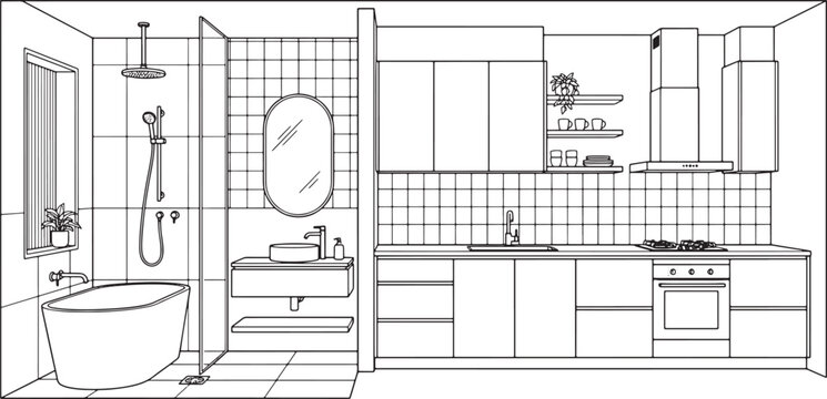 Interior design sketch of a modern bathroom and kitchen layout with minimalist furniture and clean line art