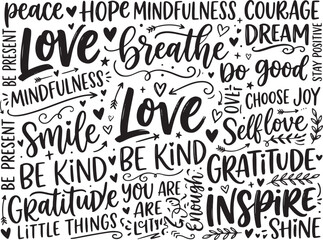 Obraz premium Hand-Drawn Positive Affirmations Word Cloud, Inspirational Typography Collage with Motivational Quotes for Mental Health and Wellness