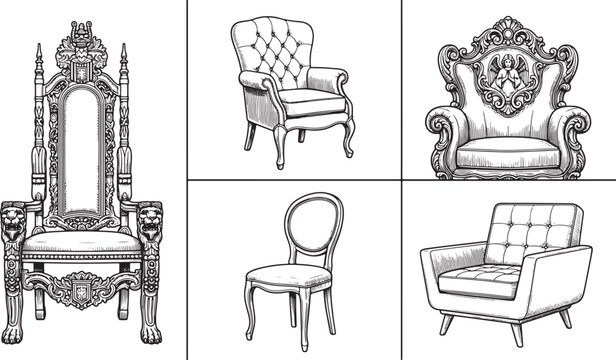 Set of vintage and modern armchair illustrations featuring ornate throne chairs and classic furniture in vector line art