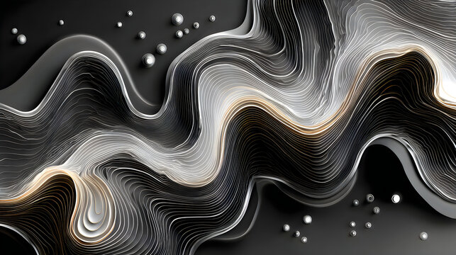 Abstract 3d background with flowing liquid waves and floating spheres, modern digital art design with metallic gold and silver lines on dark surface