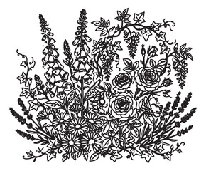 Fototapeta premium Vintage botanical garden illustration, hand drawn floral bouquet with roses and foxgloves, black and white wildflower line art vector