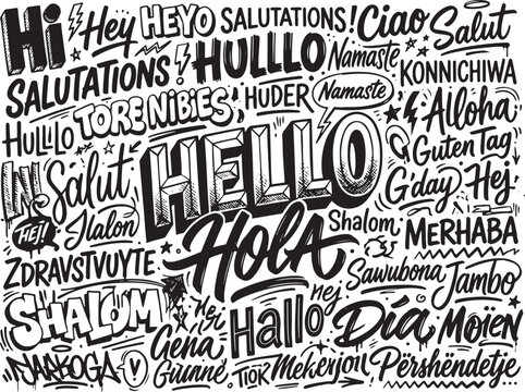 Multilingual Greetings Typography Design, Hand-Drawn Hello in Different Languages Vector Illustration