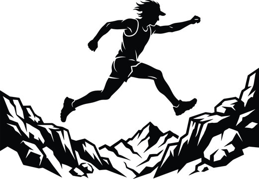 Trail runner jumping over mountain rocks vector silhouette