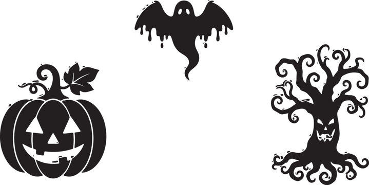 Black silhouette halloween set jack-o'-lantern, bat, and twisted tree with moon accent also transparent background