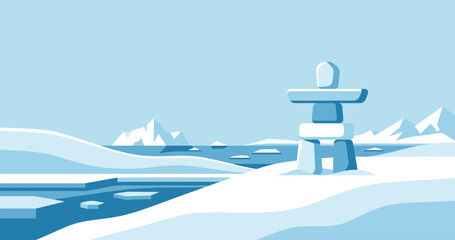 Celebrating Nunavut day, canada with a serene Arctic landscape featuring a traditional Inuksuk stone marker amidst icebergs and snowy plains © siblil_falah