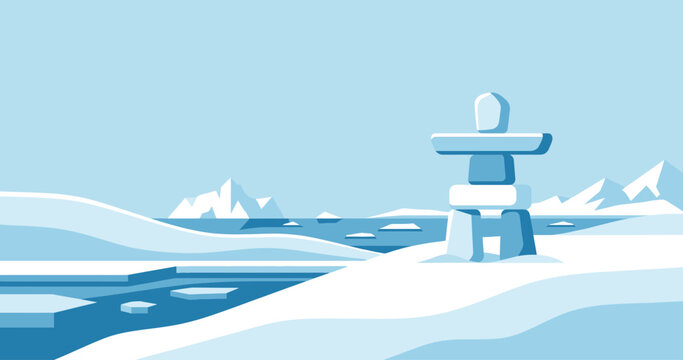 Celebrating Nunavut day, canada with a serene Arctic landscape featuring a traditional Inuksuk stone marker amidst icebergs and snowy plains