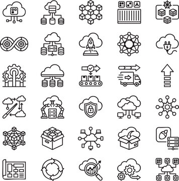 Cloud Native Applications Line Icons Set for Microservices, Kubernetes, DevOps and Modern Cloud Architecture