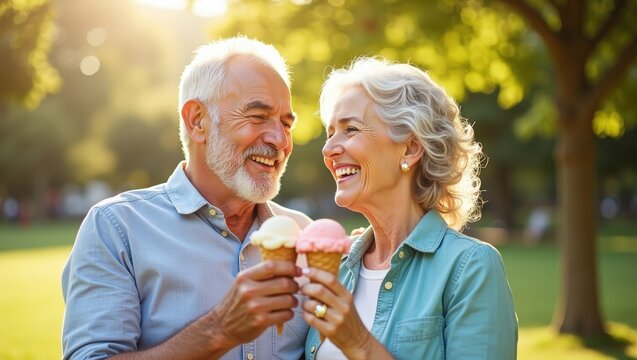 Happy senior couple enjoying ice cream together during warm summer day in green park. Smiling elderly man and woman spending quality time outdoors, celebrating active retirement, healthy aging concept