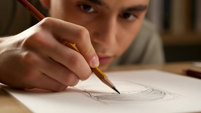 Young Male Artist Sketching a Portrait Drawing with Pencil on Paper