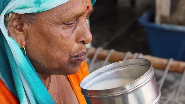 An elderly Indian woman eating traditional daliya (porridge) from a stainless steel bowl while sitting on a charpai in a rural village setting.
