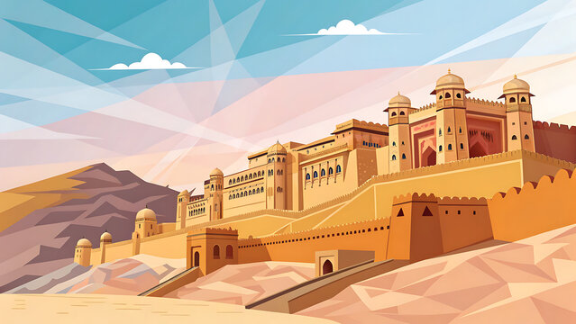 Amer Fort Rajasthan, geometric vector illustration, warm desert colors, bright sky