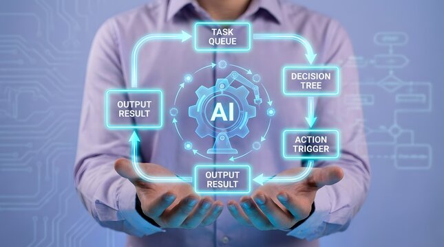 Businessman holding an AI process automation workflow. Task queue, decision tree, action trigger, and output results.