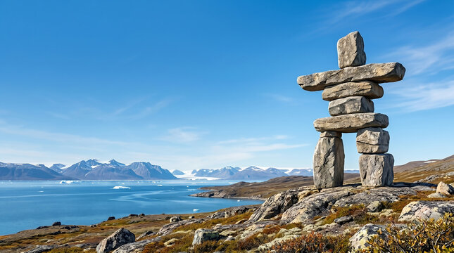 Nunavut day in Canada iconic Inukshuk monument stands tall against a stunning arctic landscape of mountains and sea