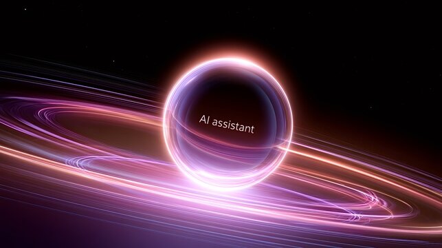 Ai assistant concept represented by an illuminated sphere absorbing and processing data in a futuristic cosmic environment with swirling light trails
