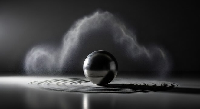 A shiny metal ball sits on a sand surface with ripples and powder exploding behind it