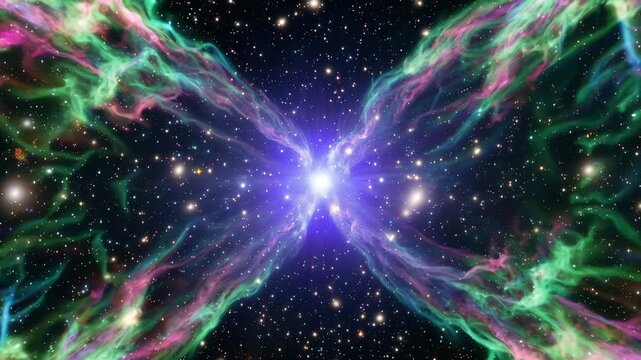 Stunning cosmic nebula in deep space with vibrant green and pink gaseous clouds and a bright central star 4k video
