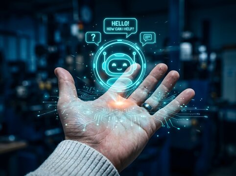 Futuristic AI Chatbot Hologram Above Hand for Digital Customer Service and Virtual Assistance