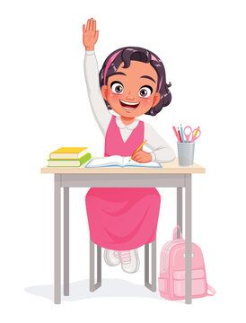 Cute little Arab school girl sitting at a desk raising her hand. Cartoon vector illustration.
