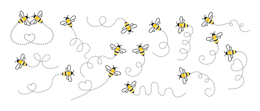 Bee flying doted heart path, line way. Honeybee dotted flight path vector set. Bumblebee fly route journey for travel. Cartoon bee fly dotted line route. Bee flying icon set. vector illustration.