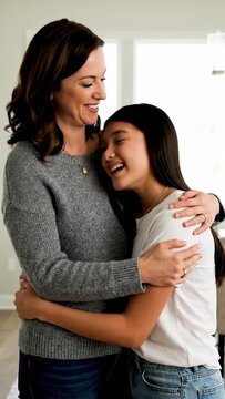 A caring mother embraces her daughter, a moment of warmth and affection, inside the home. The girl rests peacefully