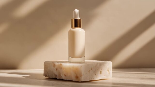 Luxury Skincare Serum Display On Travertine Stone Podium With Soft Sunlight