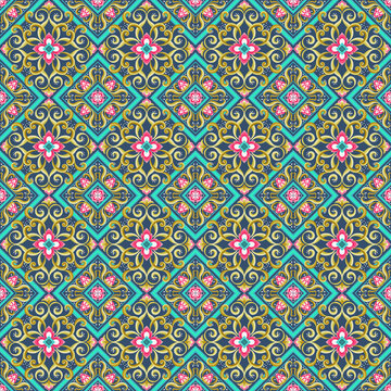 Elegant oriental floral pattern illustration with gold scrolls and pink lotus for fabric design