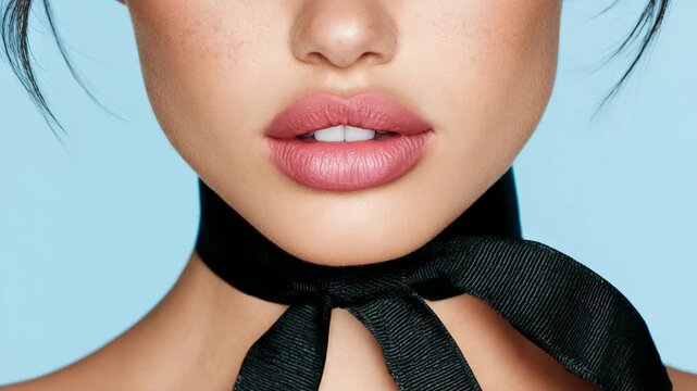 Close-up of a woman's face with pink lips and a black ribbon choker