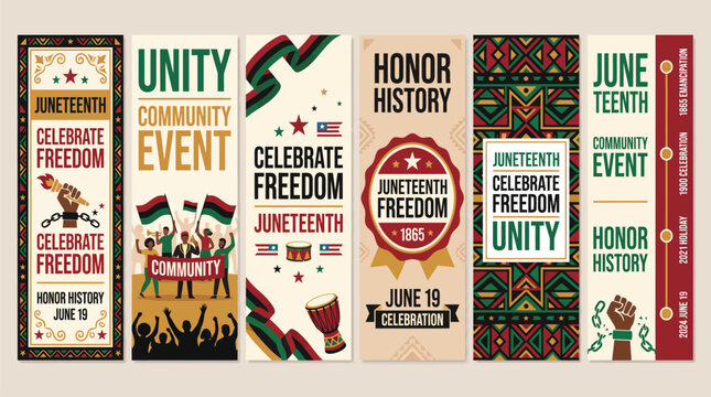Juneteenth celebration banner set, African American freedom day vertical posters with pan-african colors, community event web headers with tribal patterns