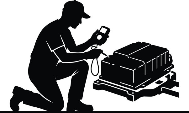 Technician Testing Electric Vehicle Battery Silhouette Vecto