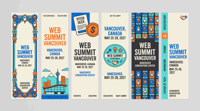 Modern web summit event banner set, professional conference marketing vertical templates, tech convention promotional vector layout collection
