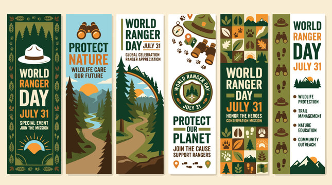 World Ranger Day vertical banner set, wildlife protection and nature conservation posters, forest park ranger appreciation graphics with mountain landscapes