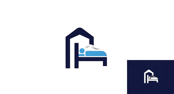 Minimalist hotel logo icon featuring a person sleeping in a bed under a house roof structure for hospitality branding and accommodation services