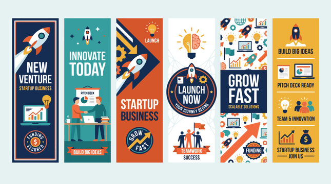 Startup business banner set with rocket launch icons, corporate innovation posters for new venture growth, flat vector marketing illustrations