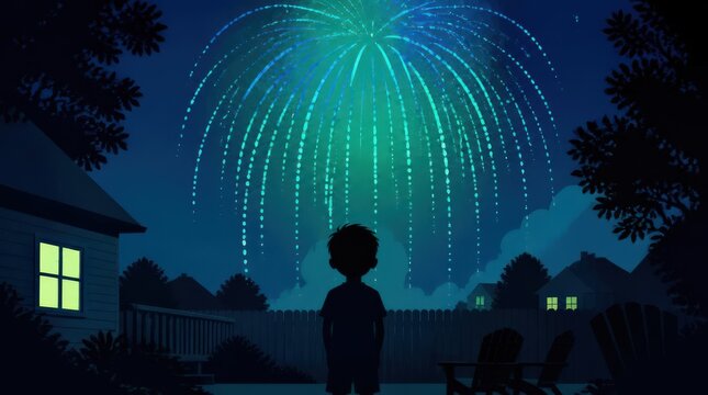 Child silhouetted against vibrant teal fireworks in suburban backyard at night