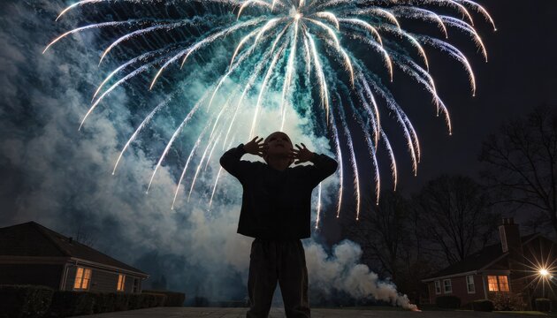 A Childs Silhouette Captivated by a Spectacular Fireworks Display in the Night Sky Above Suburban Homes