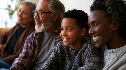 Fototapeta premium A happy multi gene nal family group is shown cuddling together on a sofa radiating a sense of wonder and calm