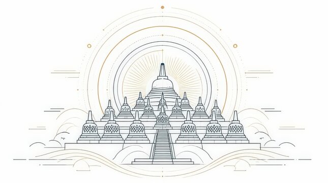 Abstract Line Art Interpretation of Borobudurs Grandeur, A Spiritual Monumental Structure